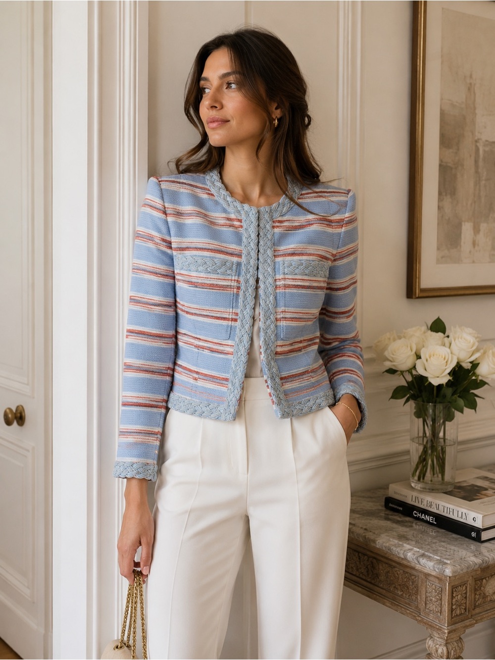 Veronica Beard Arrowe Braided Trim Jacket Blue Multi